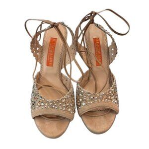 D. LACQUANITI Beige Crystal Embellished Lace-Up Sandals 3.5"